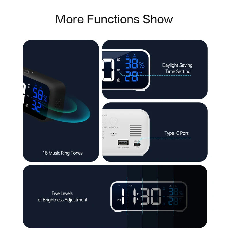 Digital Alarm Clock with Temperature, Dual Alarms & LED Display