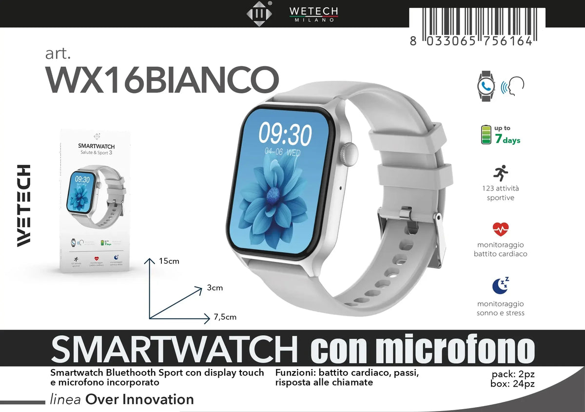 For Android IOS Users WETECH WX16 Smart Watch Bluetooth Call Internal Mic Touch Screen 123 Sport Modes Heart Sleep Stress Tracking Fitness Wristwatch 7-Day Battery White Black Two Colors Available