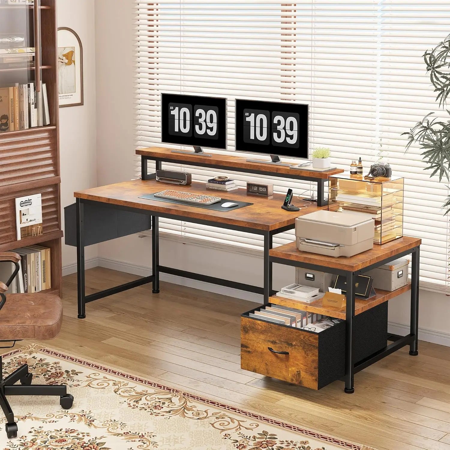 56.5" Office Desk with Drawers, Power Outlets & Monitor Stand