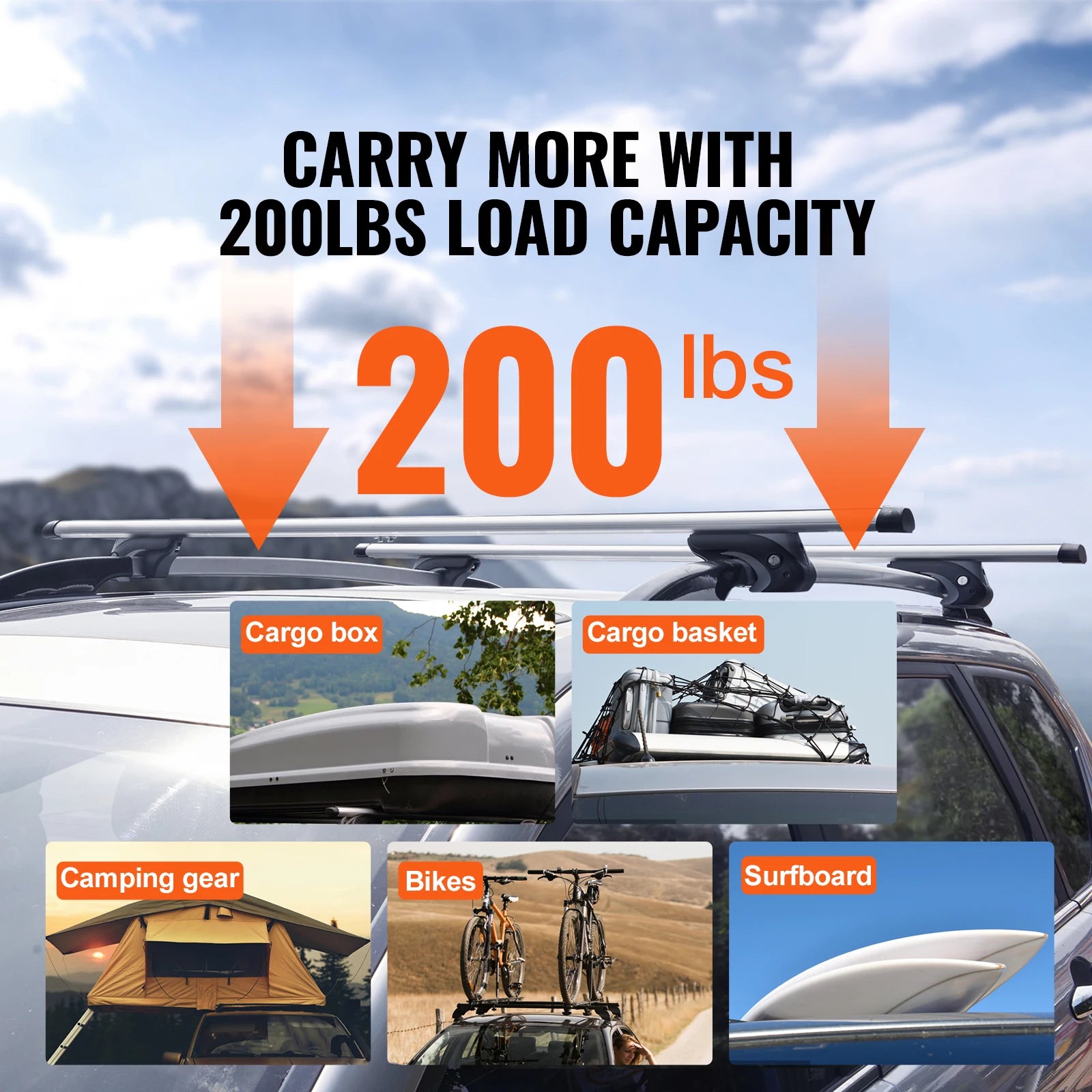 Adjustable Aluminum Roof Rack Crossbars 200lbs for SUVs & Sedans