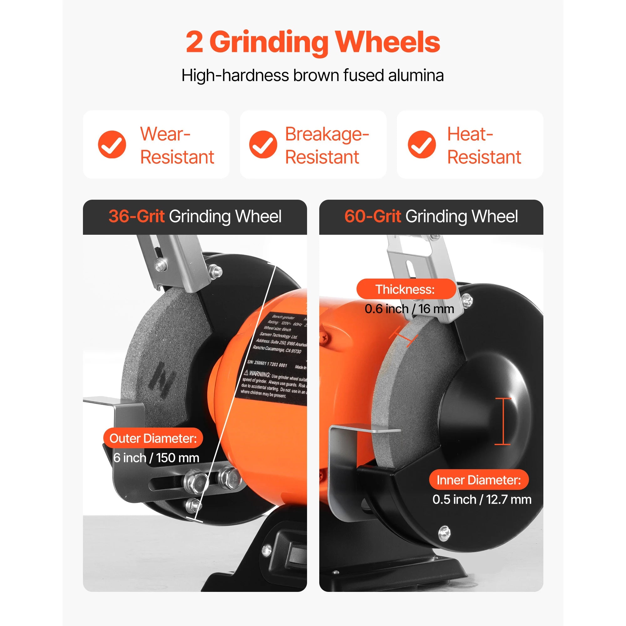 6-Inch Bench Grinder 1750RPM Low-Speed with Adjustable Tool Rest