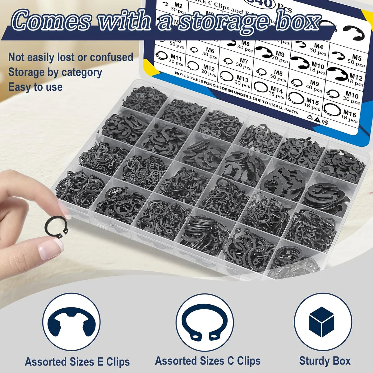 C-Clip and E-Clip Retaining Ring Assortment, 840 Pieces