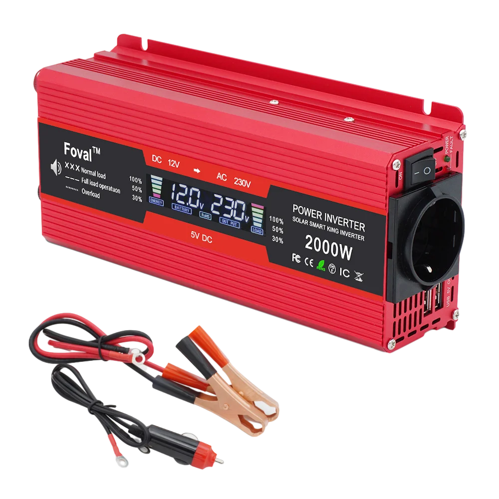 Мощен инвертор 1500W/2000W/2600W/3000W с LCD дисплей DC 12V към AC 220V, соларен, с 2 USB порта, автомобилен трансформатор, конвертор, EU щепсел, модифицирана синусоида 50Hz