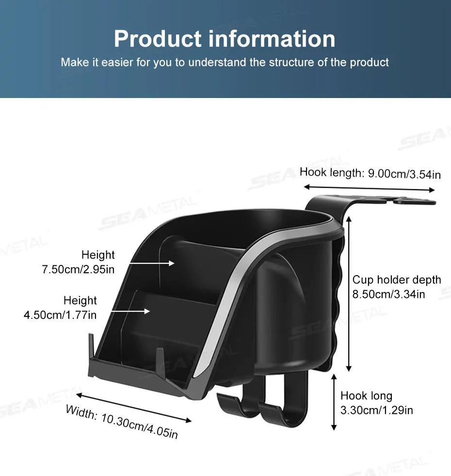 SEAMETAL 3 in 1 Car Headrest Cup Holder Car Rear Row Drink Holder Phone Mount Storage Organizer Large Load-Bearing Stable Hook