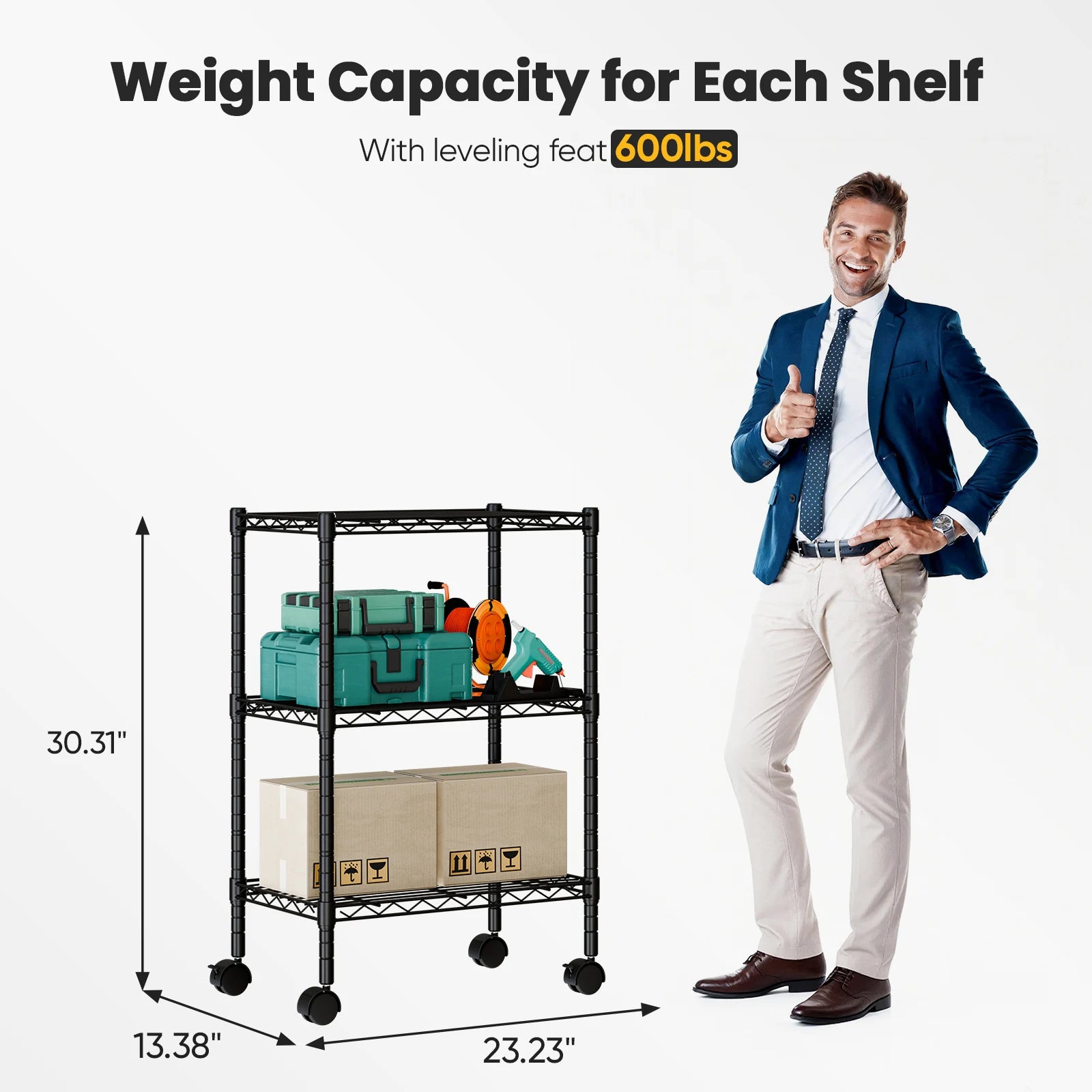 3–5 Tier Metal Grid Storage Shelf with Lockable Wheels