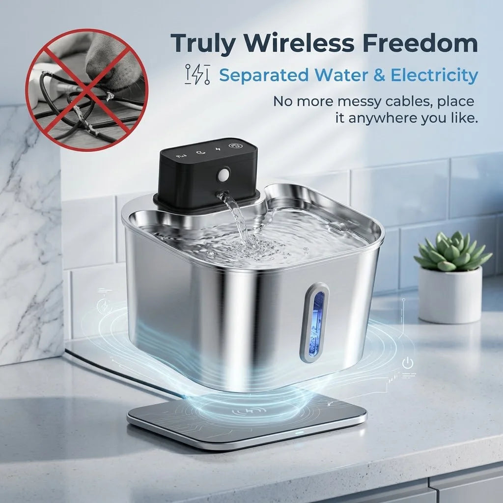 2.2L Wireless Recharging Sensor Stainless Steel Pet Water Fountain
