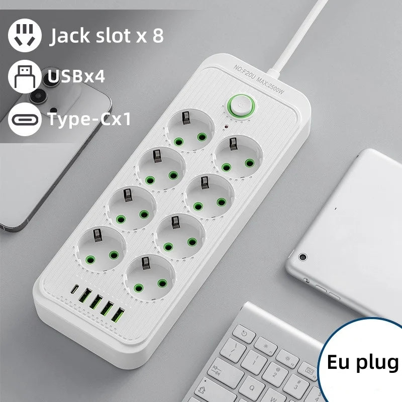 مقبس كهربائي ذكي متعدد المنافذ بقابس EU مع 6/8 فتحات EU و4 منافذ USB Type C وحماية من اندفاع التيار ومحول شحن الهاتف