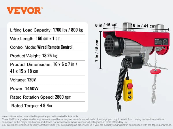 Electric Hoist 200–800kg with Remote Control for Garage Lifting