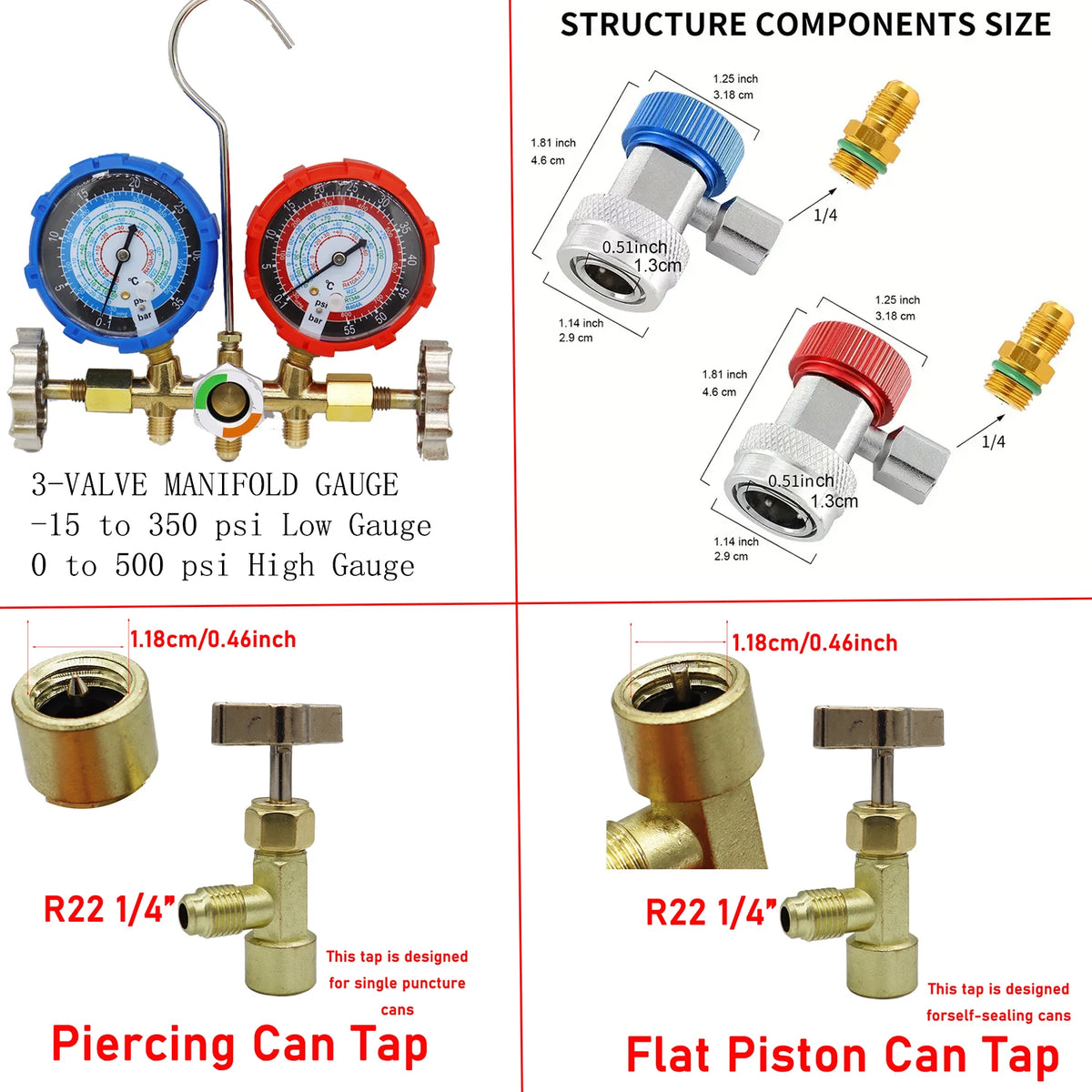 Für R410A R22 R134a R404A Set Klimaanlagen-Manometer-Verteilermessgerät mit Schlauch und Haken