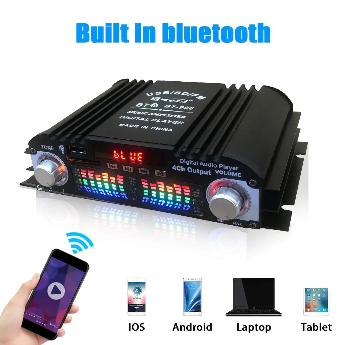 1600W Peak Power HiFi Sound Amplifier Digital 4 Channel Audio Amplifier Bluetooth Karaoke Player FM Radio Support Remote Control 