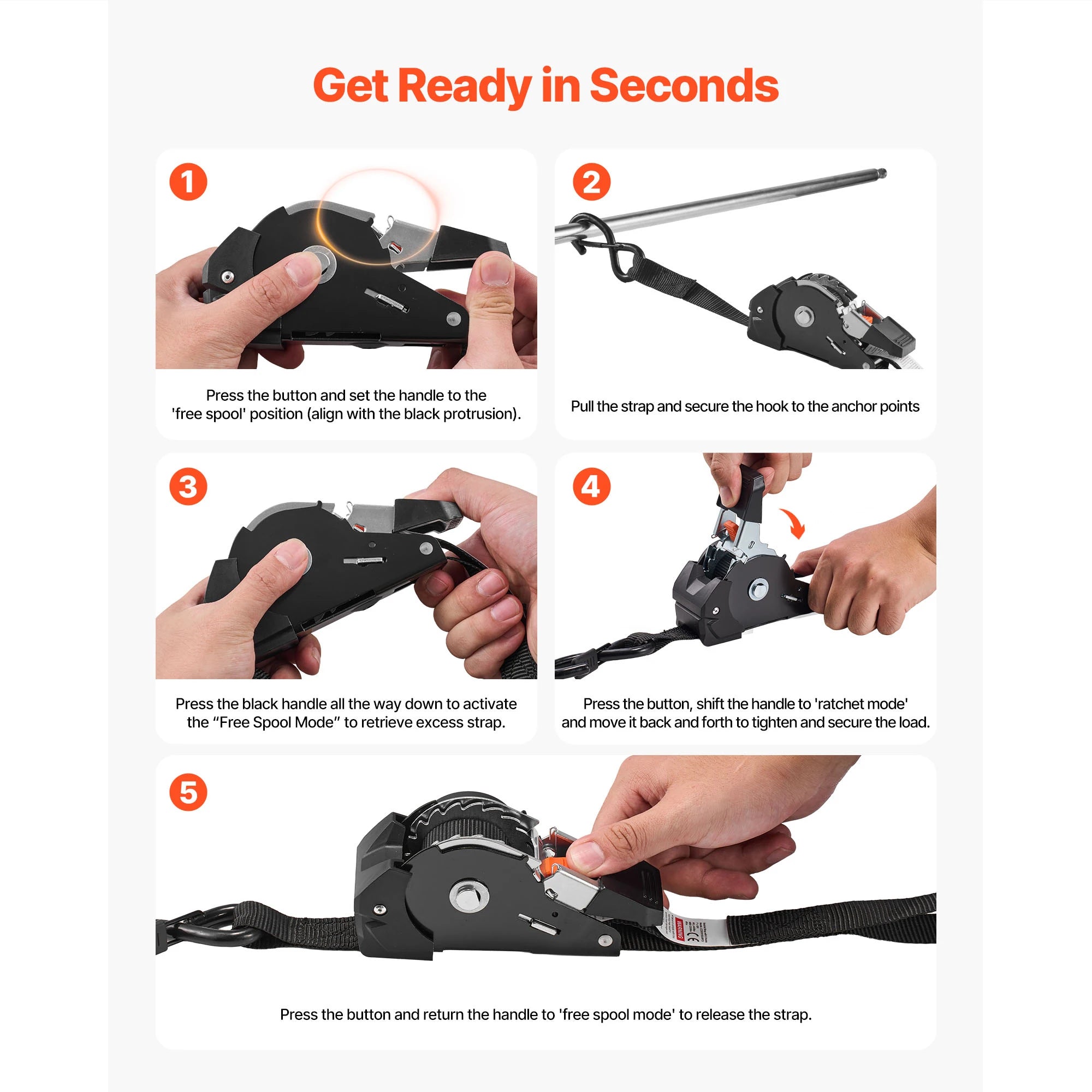 SucceBuy 4 Pack 1in x 6ft Retractable Ratchet Straps Tie Down Straps with S Hooks Tie Down Ratcheting for Moving Trailers