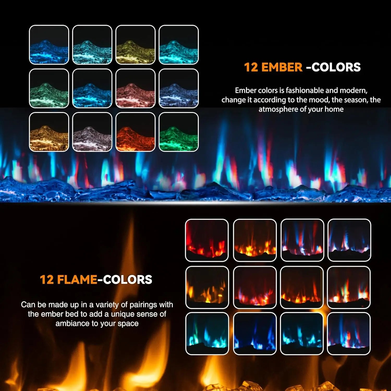 60" Ultra-Thin Electric Fireplace with 12 Flame Colors & Thermostat
