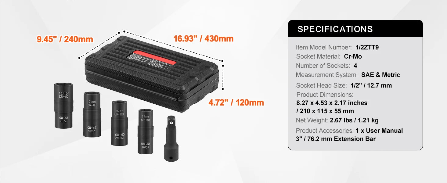 SucceBuy Axle Nut Impact Socket Set Drive Deep 6-Point 8-Piece SAE Spindle Nut Socket Set CR-MO Heat Treated Large Socket Set