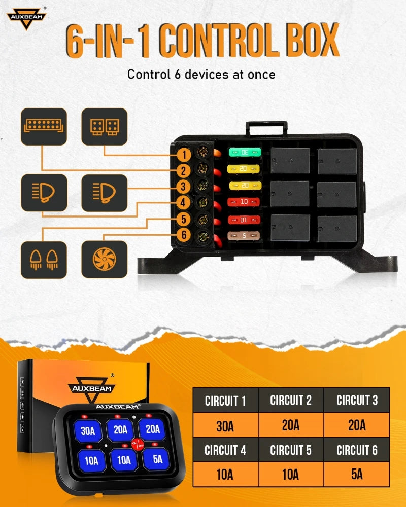 6-Gang Car Switch Panel 720W 12V Relay System for Lights & Accessories