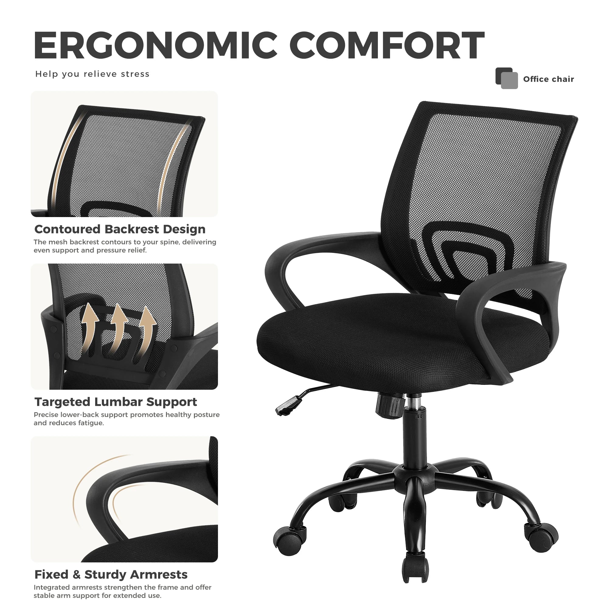 Ergonomic Mesh Office Chair with Lumbar Support & Adjustable Height