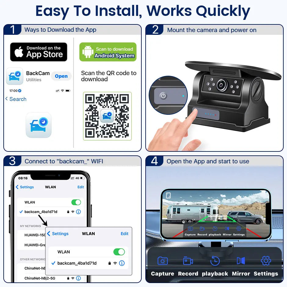 GreenYi 5G WiFi HD Solar Car Camera 100M Magnetic Base Wireless AI Blind Spot Alarm Backup For Bus Van Truck RV Front Rear View 