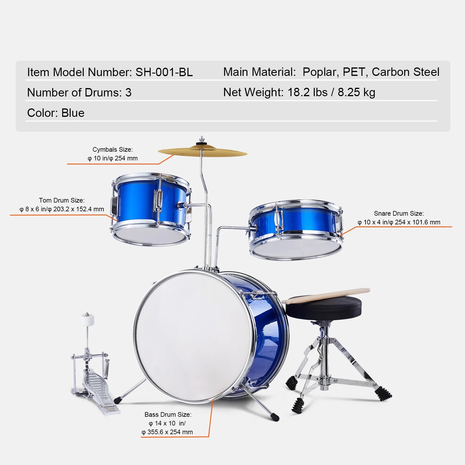 Kids 3-Piece Drum Set with 14" Bass, Adjustable Throne & Cymbal