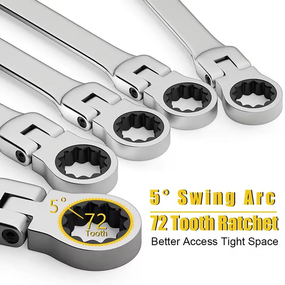 Set di chiavi combinate a cricchetto 6-32mm, kit di chiavi combinate a cricchetto con anello dentato metriche con testa flessibile e borsa in tela, set di utensili