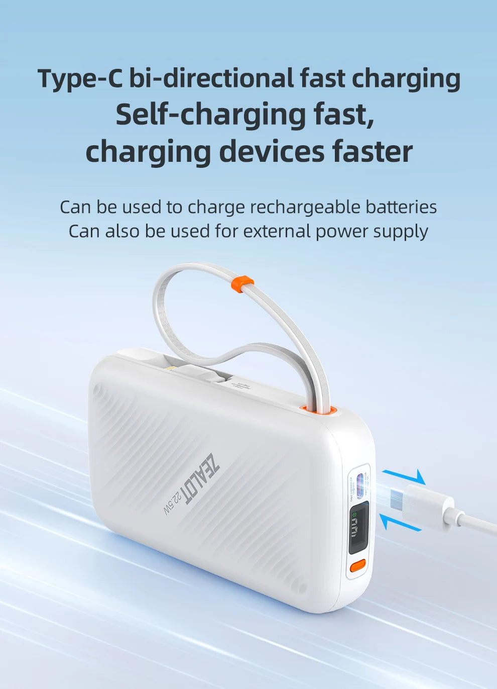 20000mAh Portable Power Bank with USB-C Cable and Digital Display