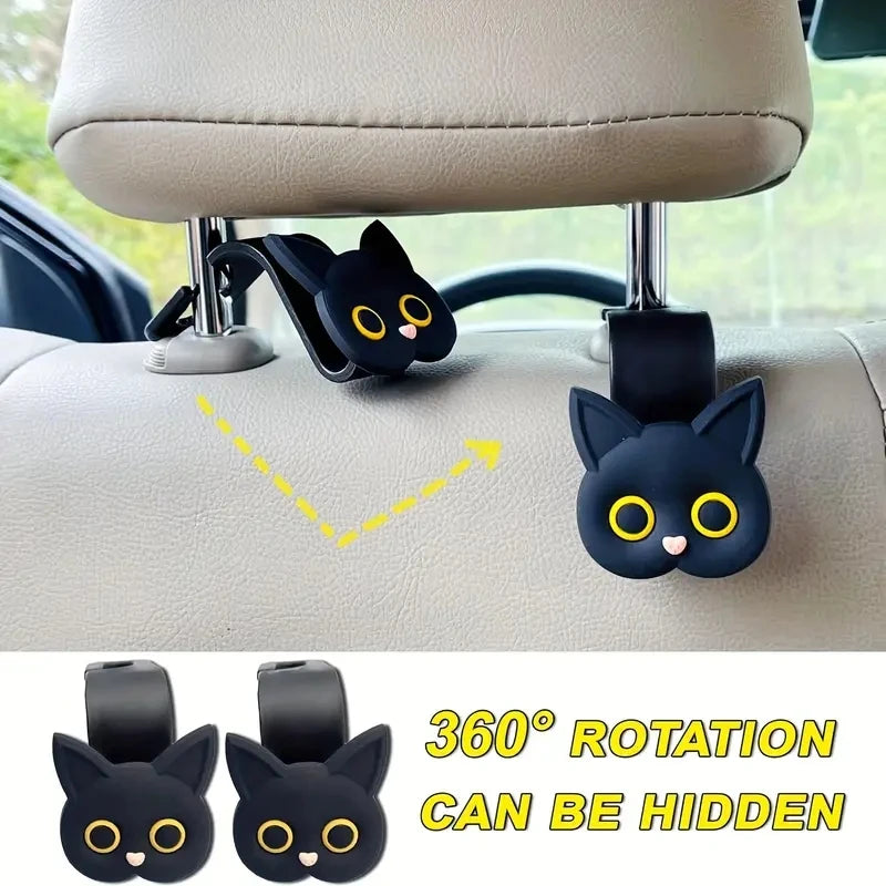 2pcs Adorable 3D Cartoon Cat Car Seat Headrest Hooks - Universal Vehicle Storage Organizer for Handbags, Purses, Coats - Cute Ca 
