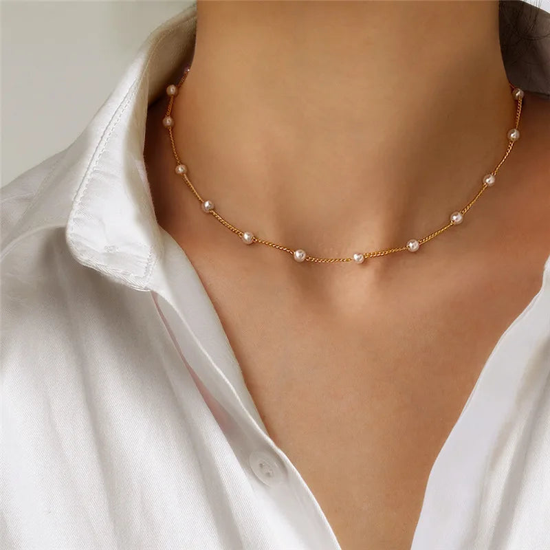 New Beads Women's Neck Chain Kpop Pearl Choker Necklace Gold Color Goth Chocker Jewelry On The Neck Pendant 2022 Collar For Girl 