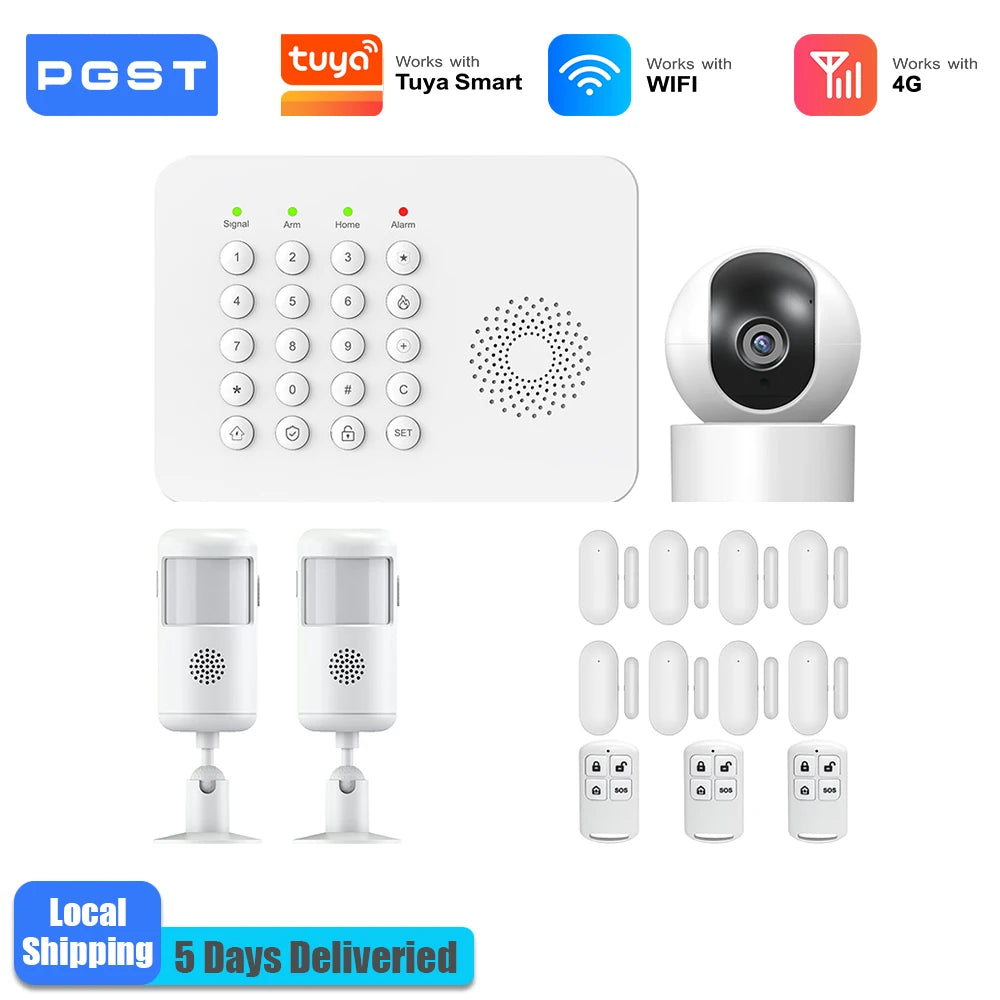 PGST 4G WiFi Home Burglar Anti Theft Security Alarm Complete Kit Works with Tuya Works with Smart Life Smart App Remote Control Wireless Sensor Combination Standby Power Backup Alarm System Apartment Villa Store Warehouse Eur