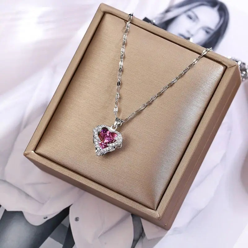 Top Luxury Colorful Crystal Ocean Heart Pendant Necklace For Women Trendy 316L Stainless Steel Jewelry Female Wedding Neck Chain 