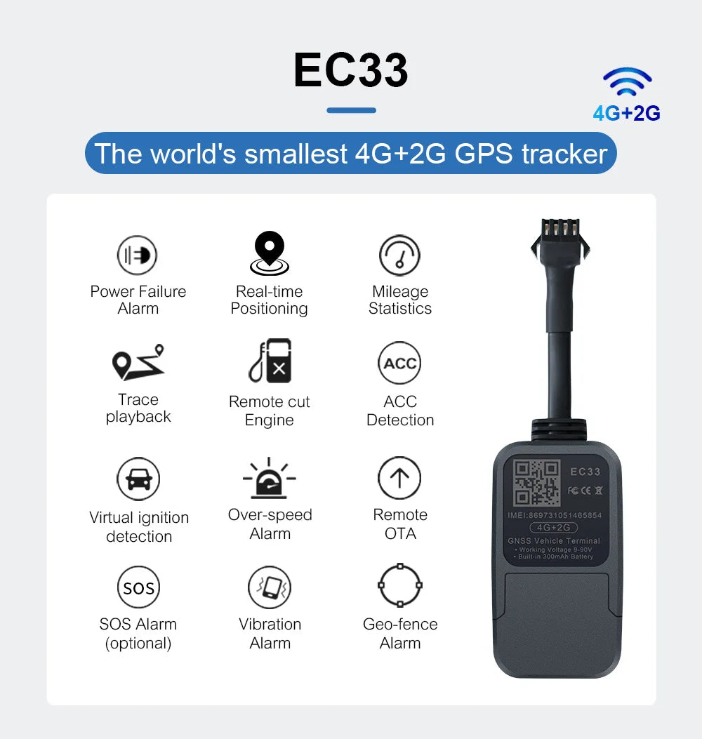 2kom EC33 4G+2G GPS tracker s baterijom od 300mAh TrackerKing Najmanji tracker Relay GPS Rastreador GPS J16 Acc Alarm