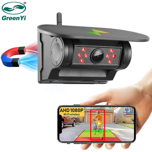 GreenYi 5G WiFi HD Solar Car Camera 100M Magnetic Base Wireless AI Blind Spot Alarm Backup For Bus Van Truck RV Front Rear View 