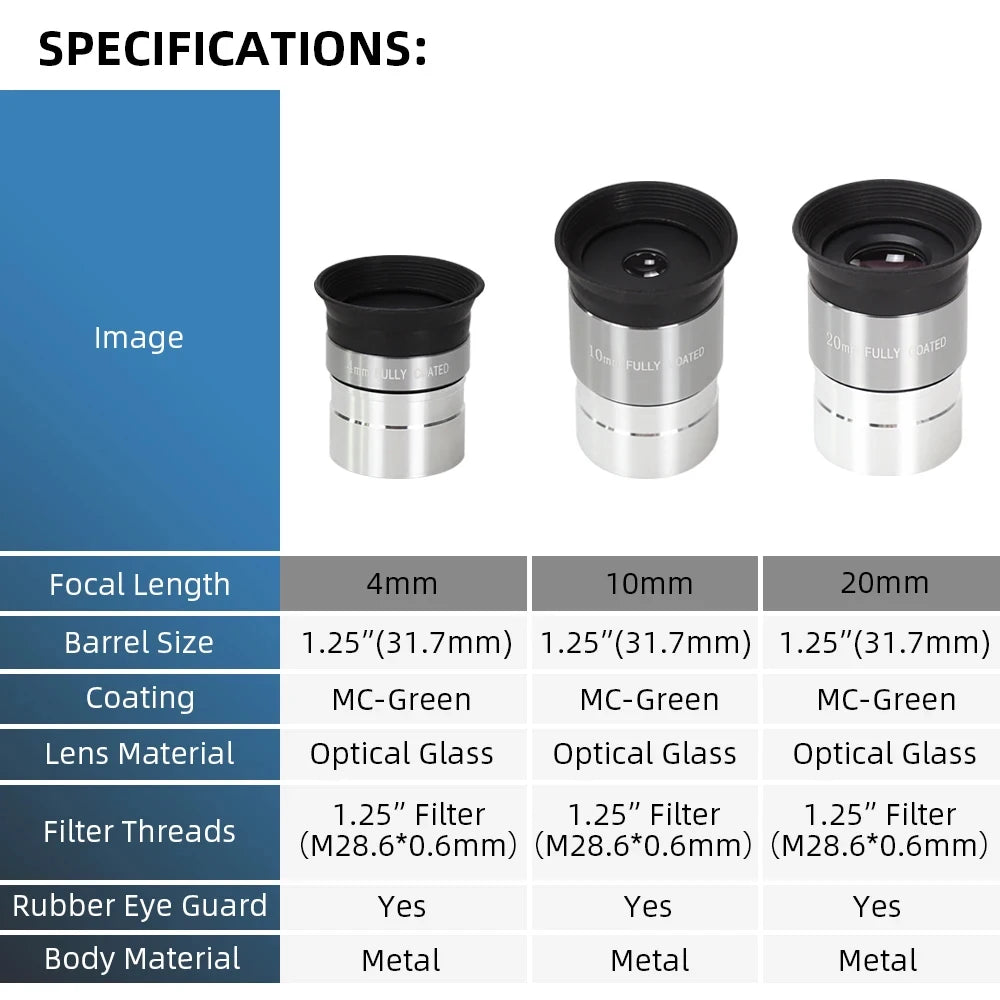 Olho-de-tête de telescópio de 1,25 polegadas, 4, 10 ou 20 mm