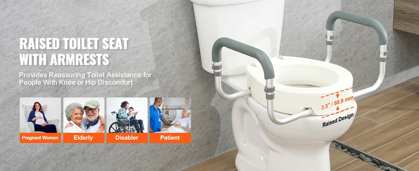 SucceBuy Raised Toilet Seat 3.5" Height Raised 300 lbs Weight Capacity  for  Standard Round Durable  Toilet Aluminum Handrail