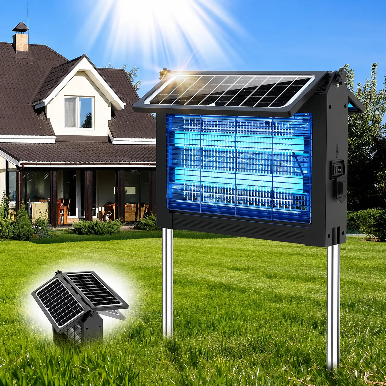 Solar Bug Zapper 4500V med dobbelte paneler og USB, IPX5 til udendørs brug