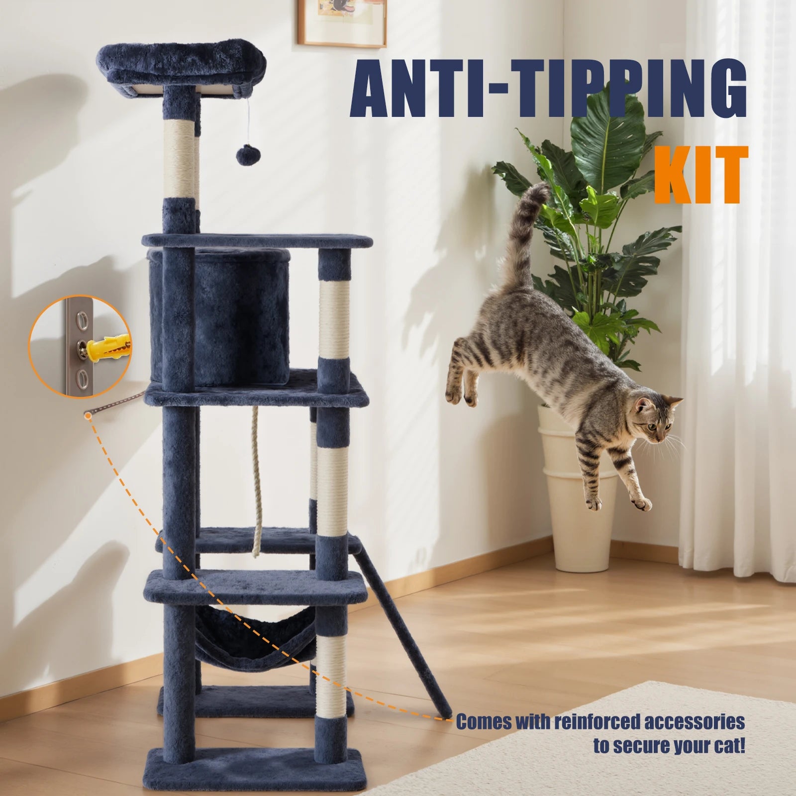 Arbre à chat multi-niveaux de 63" avec condo, hamac et poteaux en sisal
