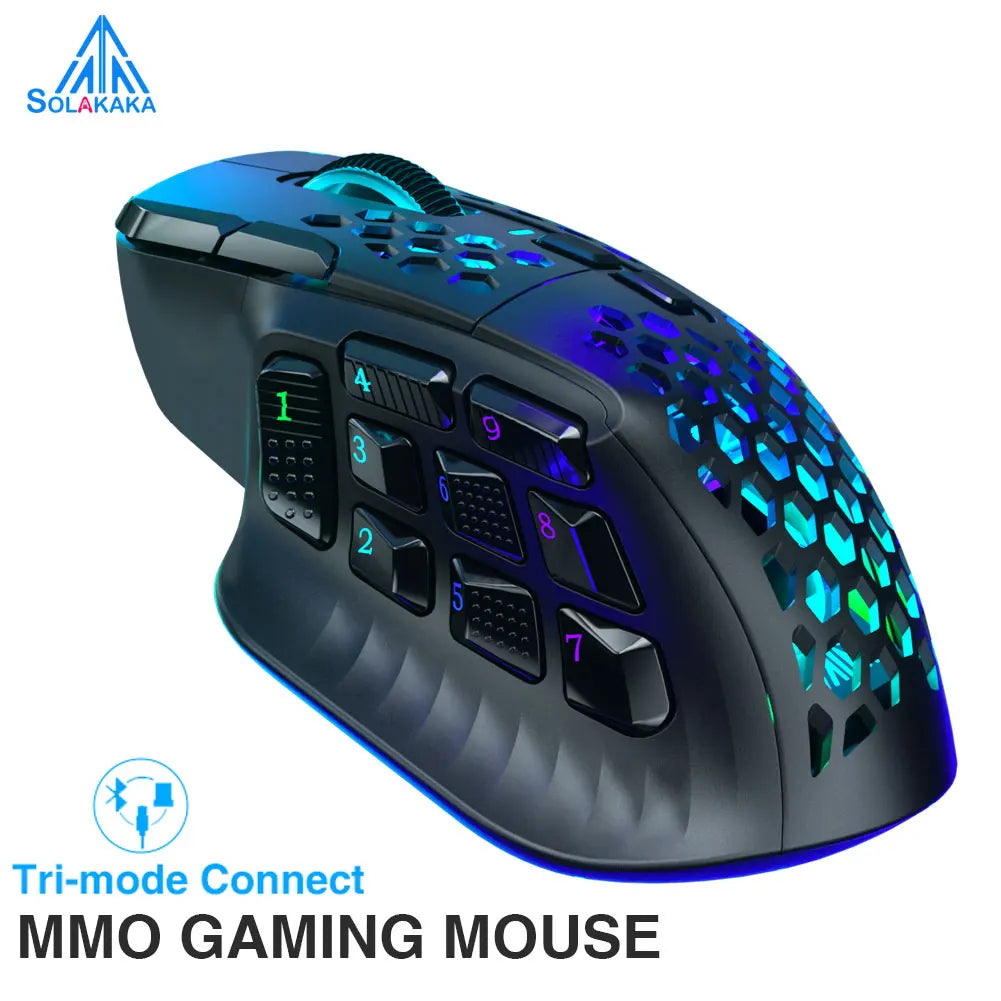 SOLAKAKA SM809 Pro Wireless MMO Gaming Mouse PAW3311 16 Side Buttons 24000 DPI RGB Honeycomb Programmable Macro Wireless mouse 