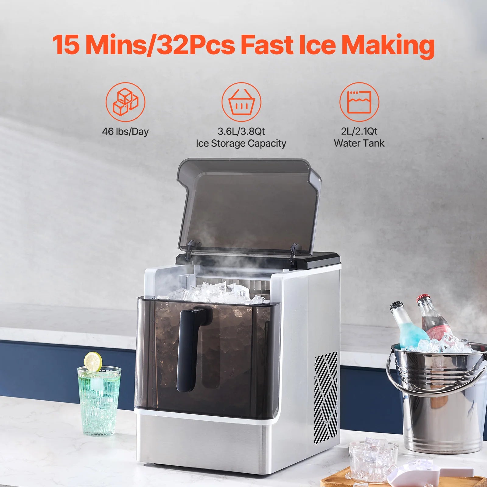 Countertop Ice Maker 50lbs/Day with Self-Cleaning & 2 Sizes