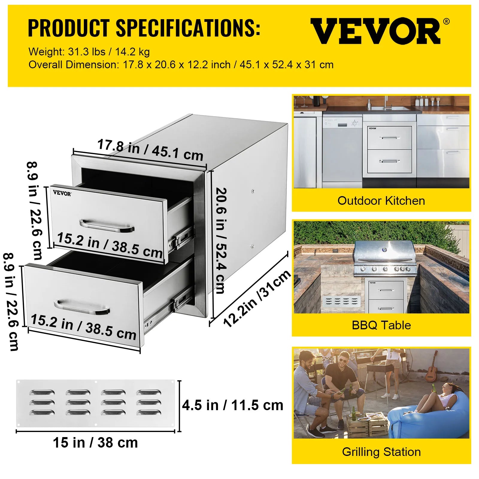 Stainless Steel Outdoor Kitchen Drawers Double Storage BBQ Island
