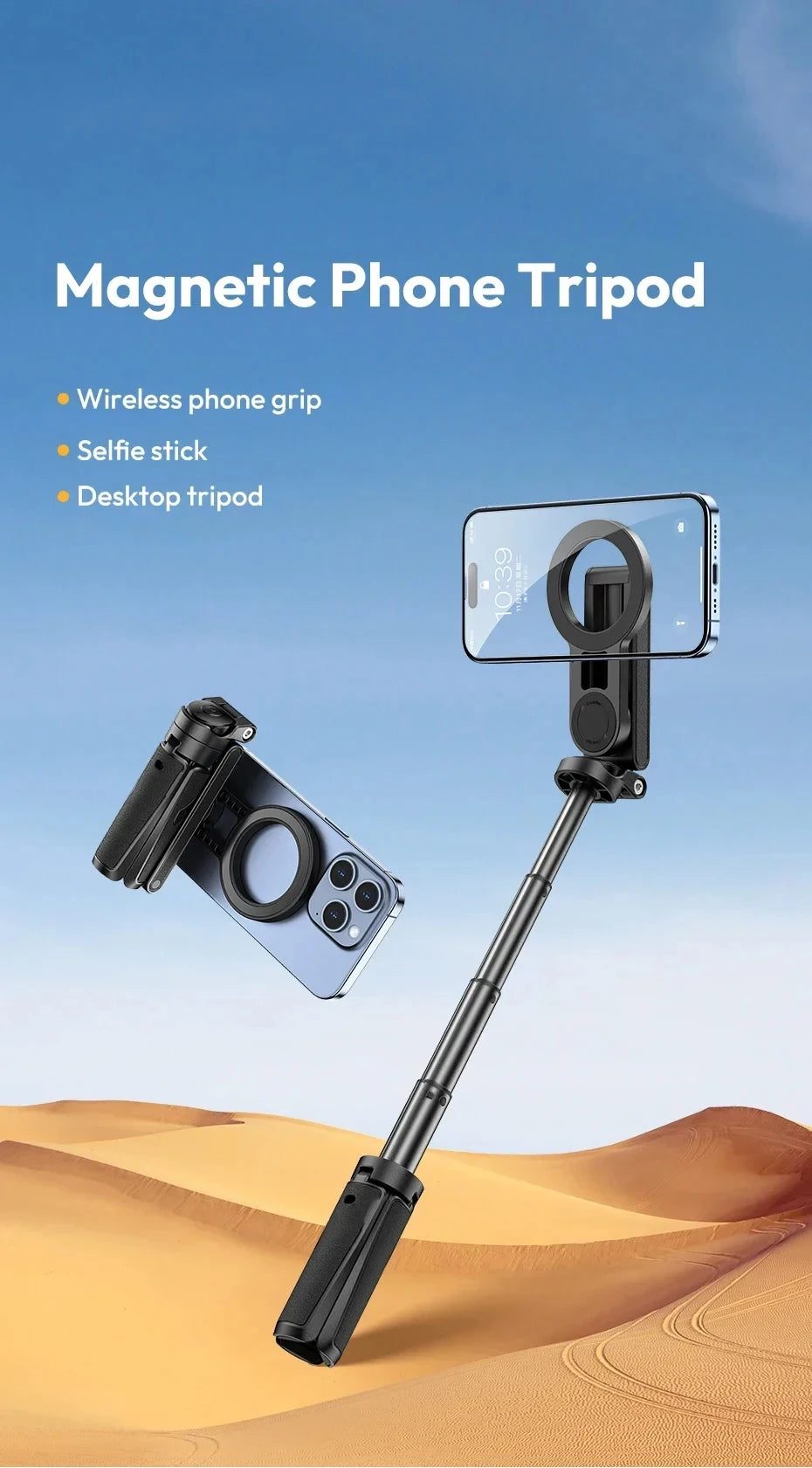 Magnetic Phone Tripod Wireless Phone Grip Selfie Stick Desktop Tripod for iPhone 12 13 14 15 16 Pro Max For Samsung phone holder 