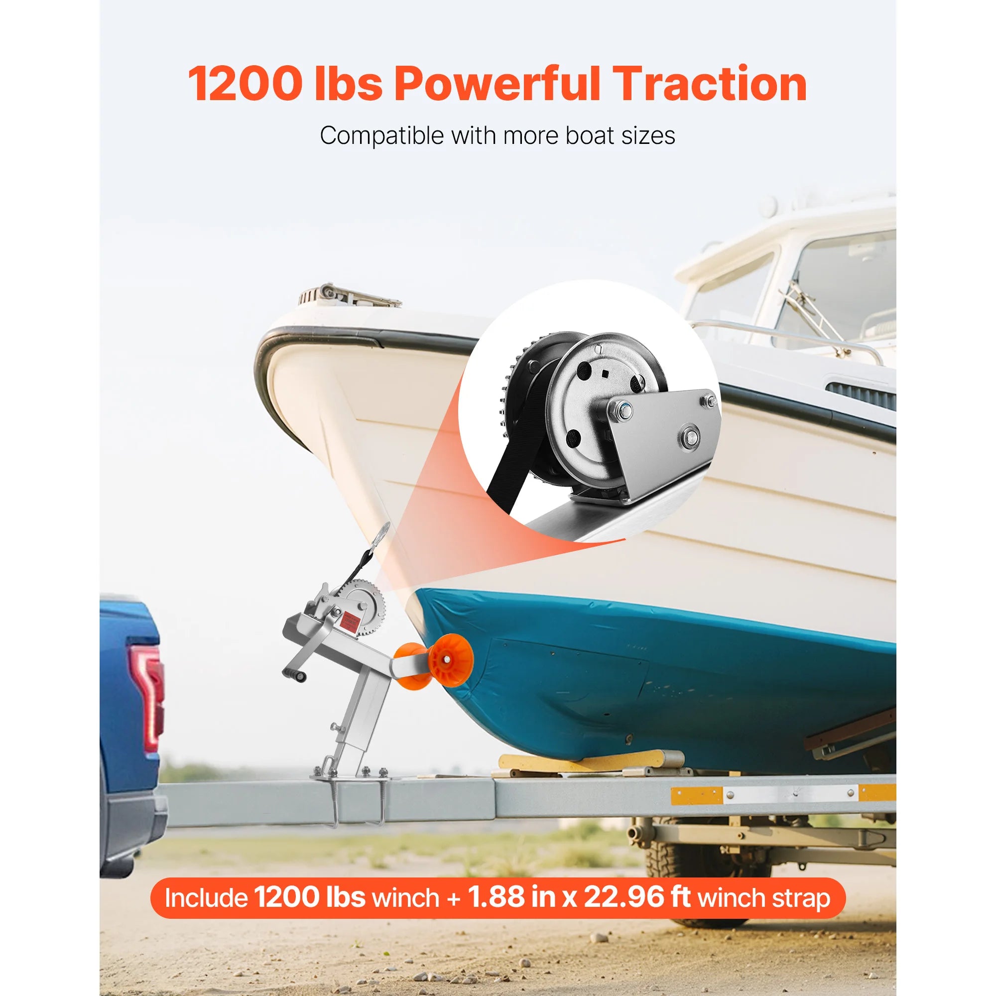 Boat Trailer Winch Stand 1200 lb with Roller & 25 ft Strap