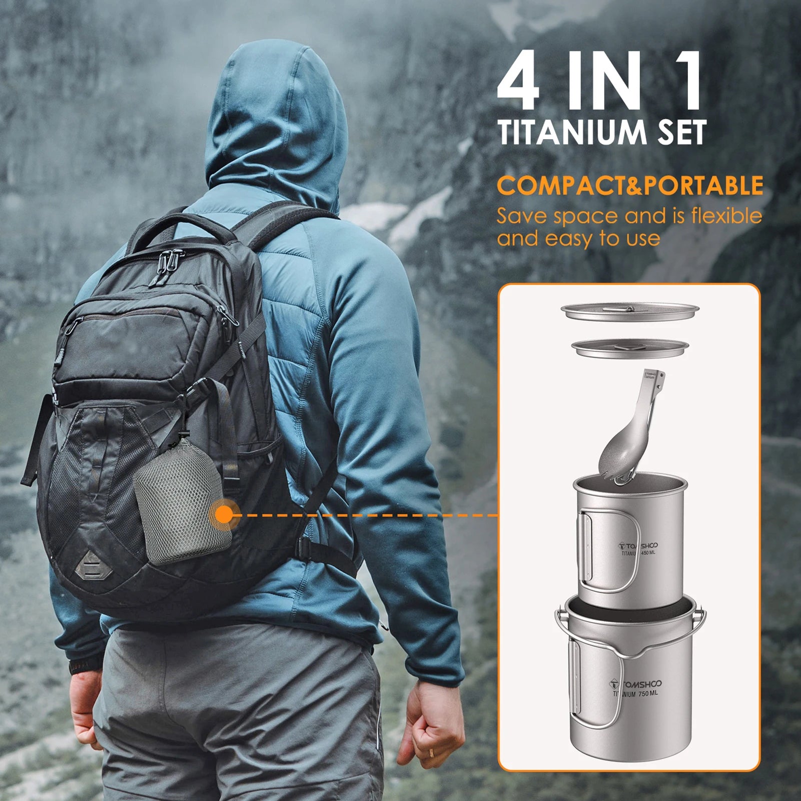 3-Piece Titanium Cookware Set with 750ml Pot, 450ml Cup, Folding Spork
