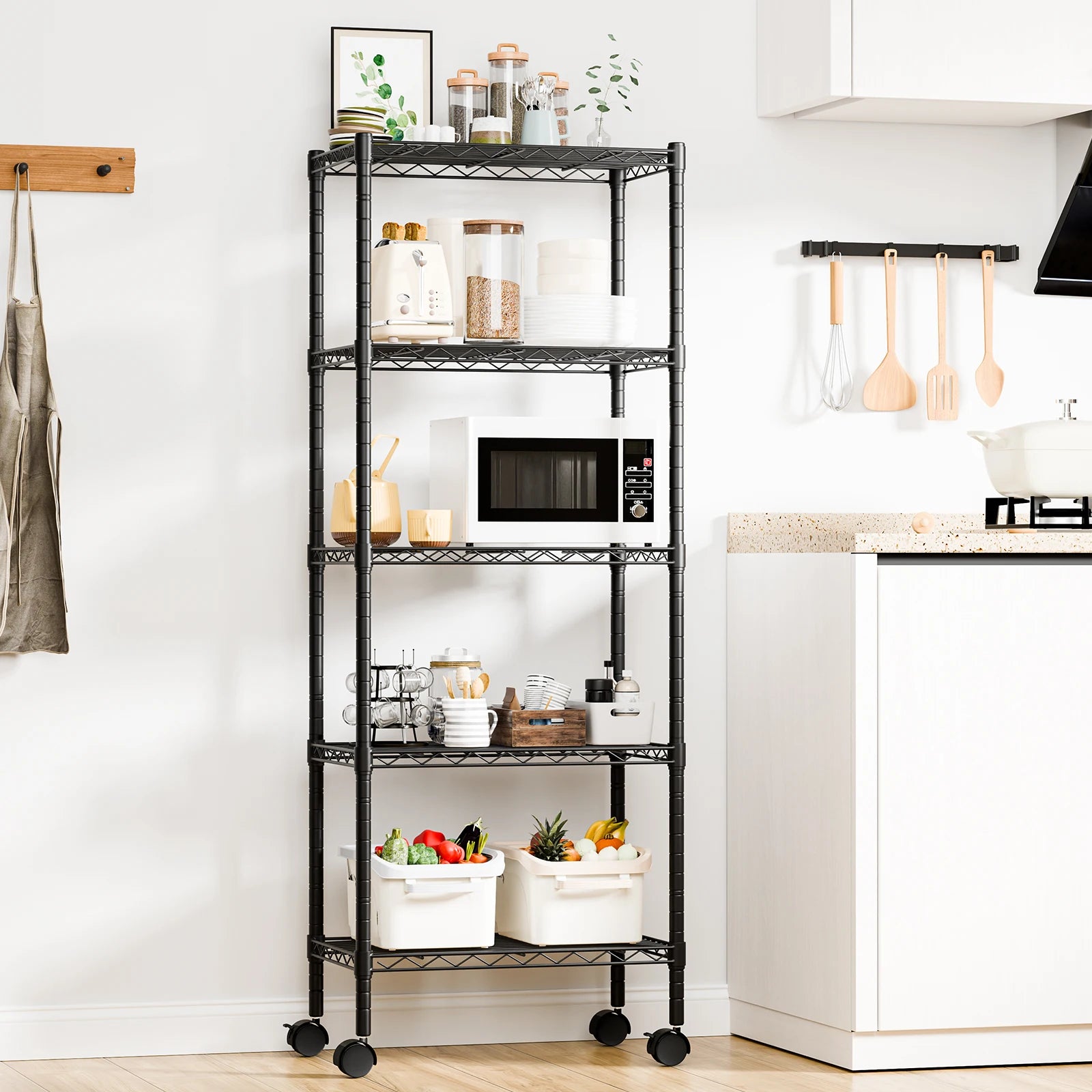 3–5 Tier Metal Grid Storage Shelf with Lockable Wheels