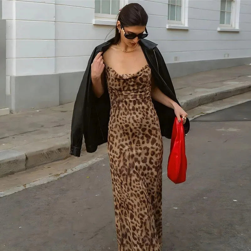 Vintage Leopard Print Sexy Cami Dress Women V Neck Sleeveless Party Dress Fashion 2024 Summer Streetwear Dress 