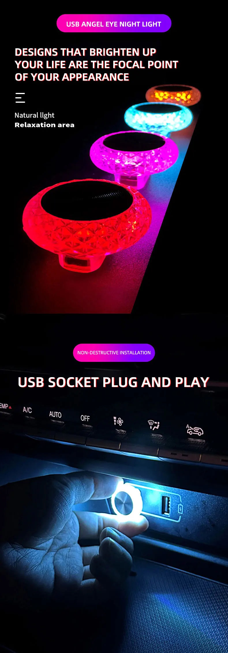 1pc Colorful Portable USB Mini LED Ambient Light for Car Interior Computer Atmosphere Lamp Plug and Play Night Light 
