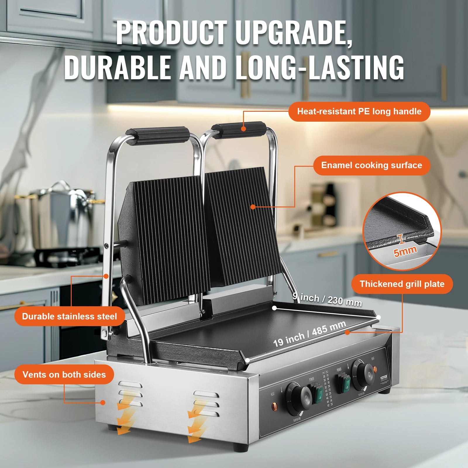 Ipari 3600W-os panini grill hőmérséklet-szabályozással és 19x9 cm-es felülettel