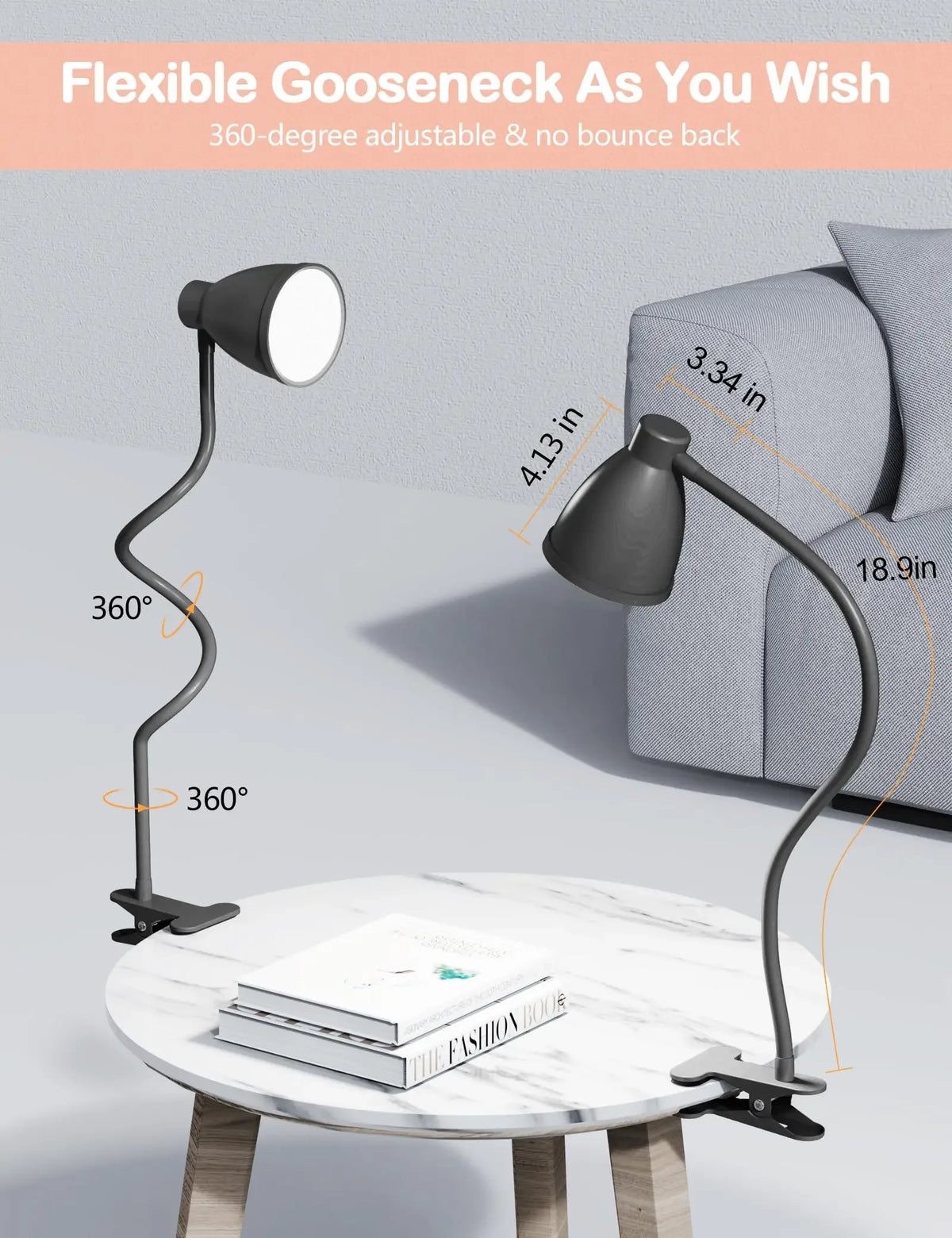 Clamp Desk Lamp, Clip on Reading Light, 3000K-6500K Adjustable Color Temperature Eye-Caring for Home Office Bedside Reading