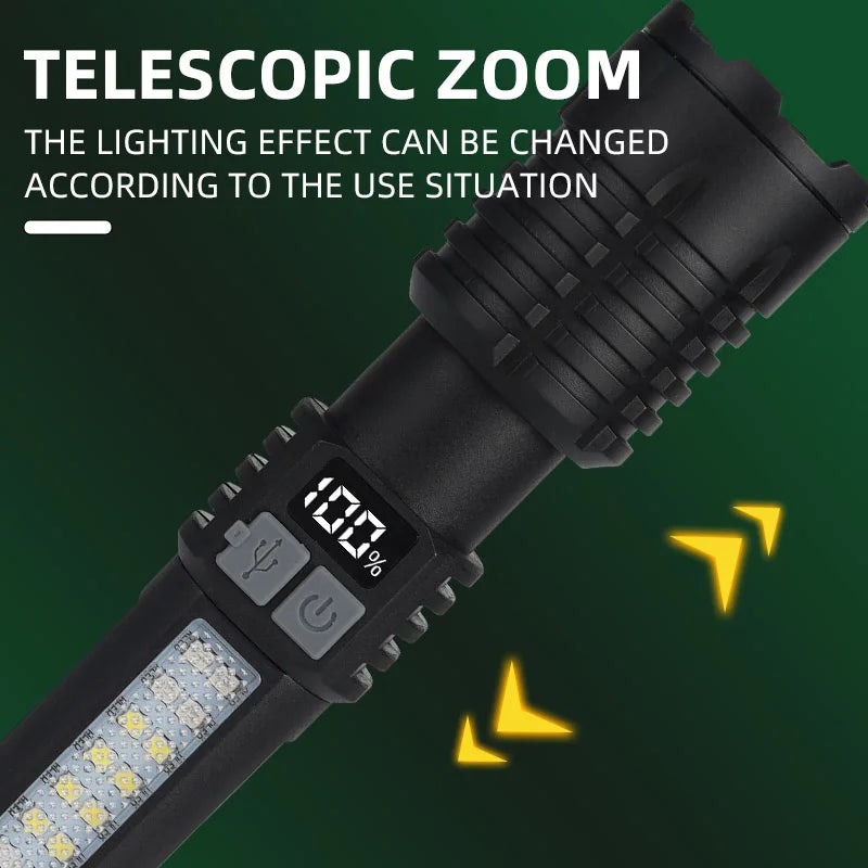 Portable Rechargeable High Power LED Flashlights With Display Screen Zoom Tactical Torch Lamp with Emergency Side Lights Lantern