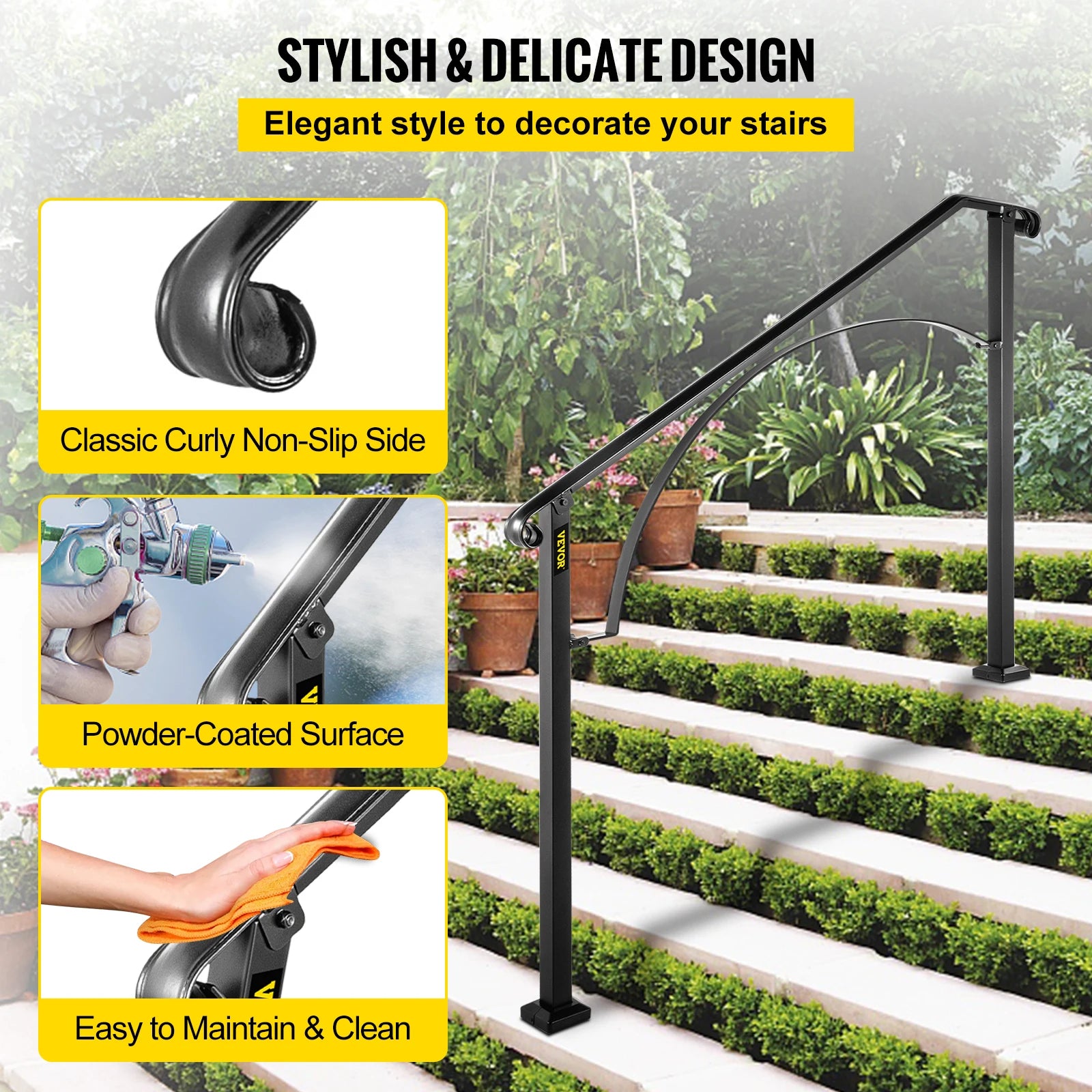 Outdoor Stair Handrail for 4 or 5 Steps, Wrought Iron, Black