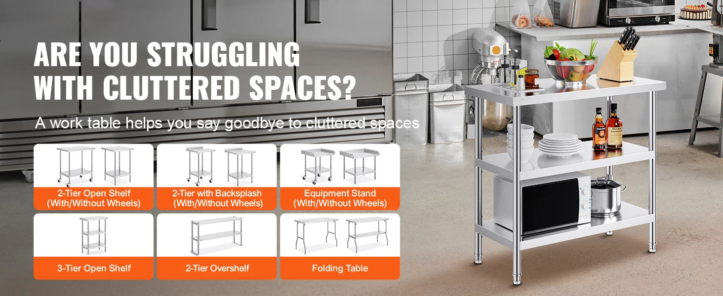 Stainless Steel Food Prep Table with Adjustable Shelves for Kitchen