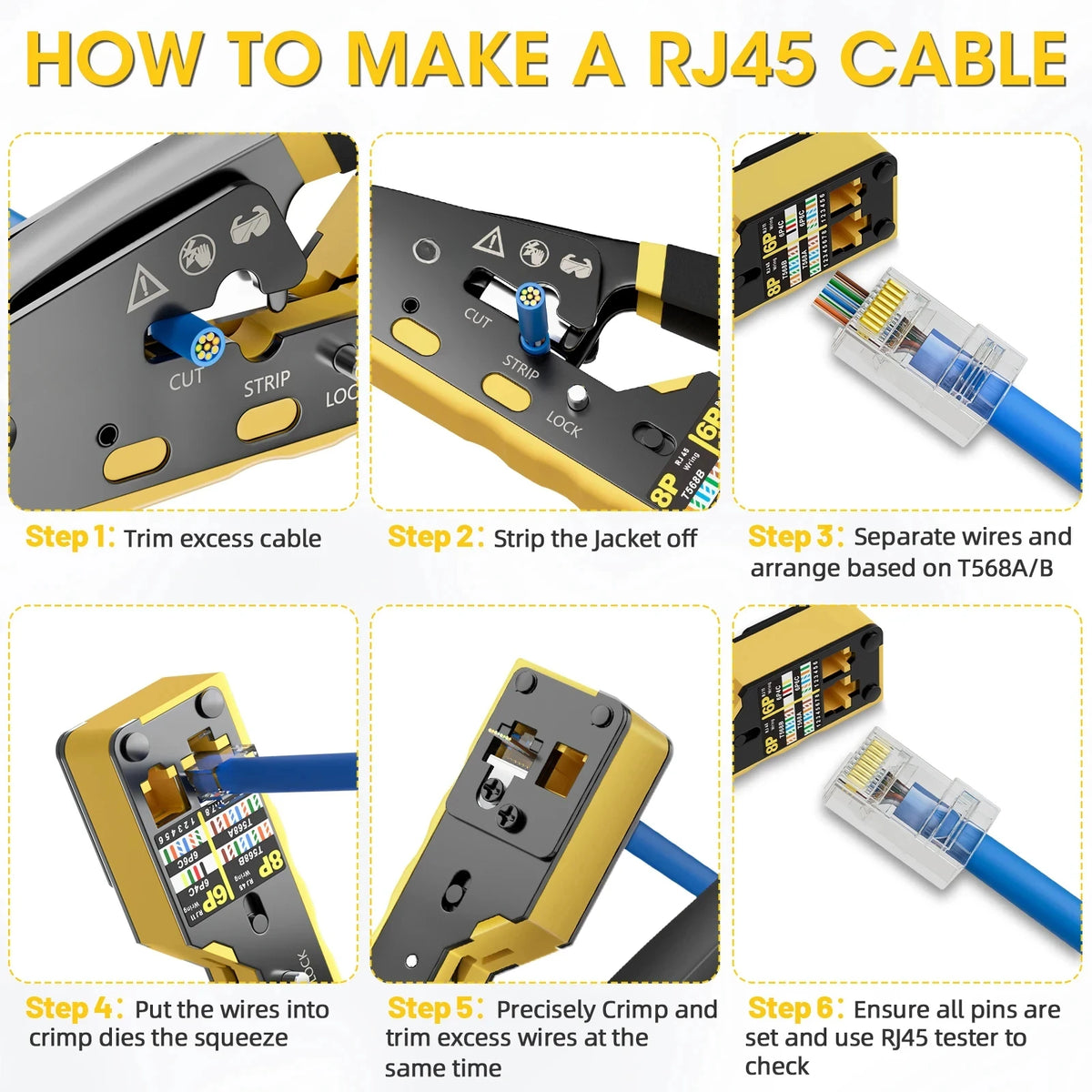 Pass-Through RJ45 Crimp, Cut and Strip Tool
