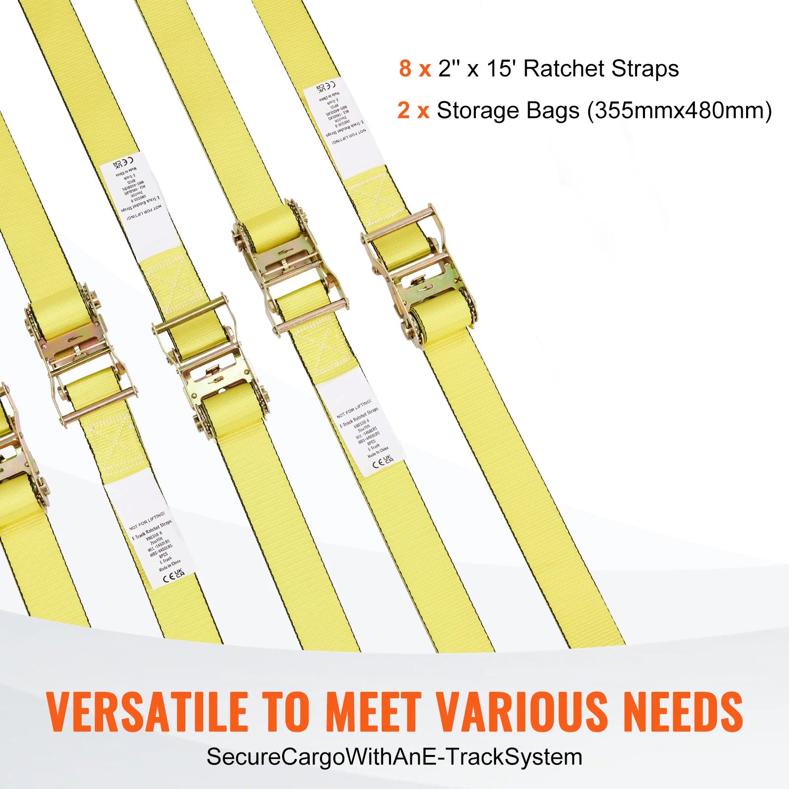 8pcs 2" x 15ft E-Track Ratchet Tie Down Straps 4400 lbs