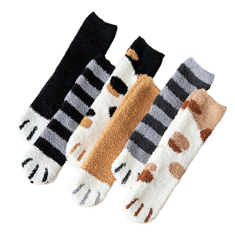Kawaii Cartoon White Socks for Women Cute 3d Dog Cat Paw Pattern Female Fleece Warm Funny Socks Home Floor Sleeping 